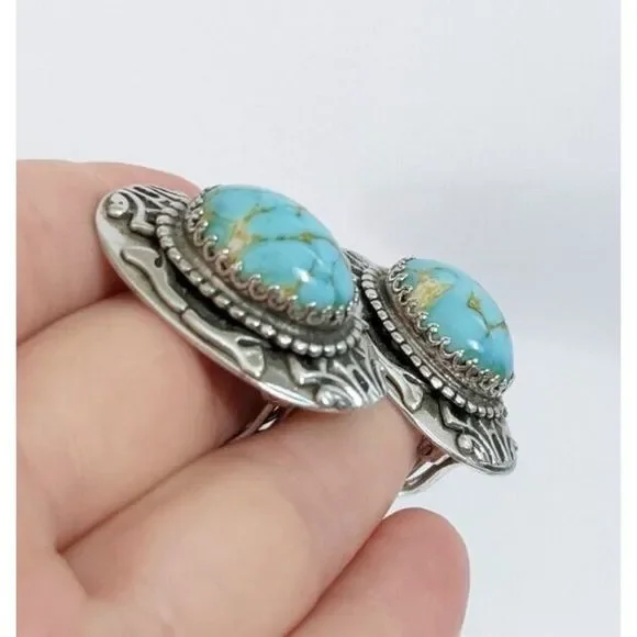 Large Oval Turquoise Art Glass Whiting And Davis Clip On Earrings - Vintage - Picture 3 of 10